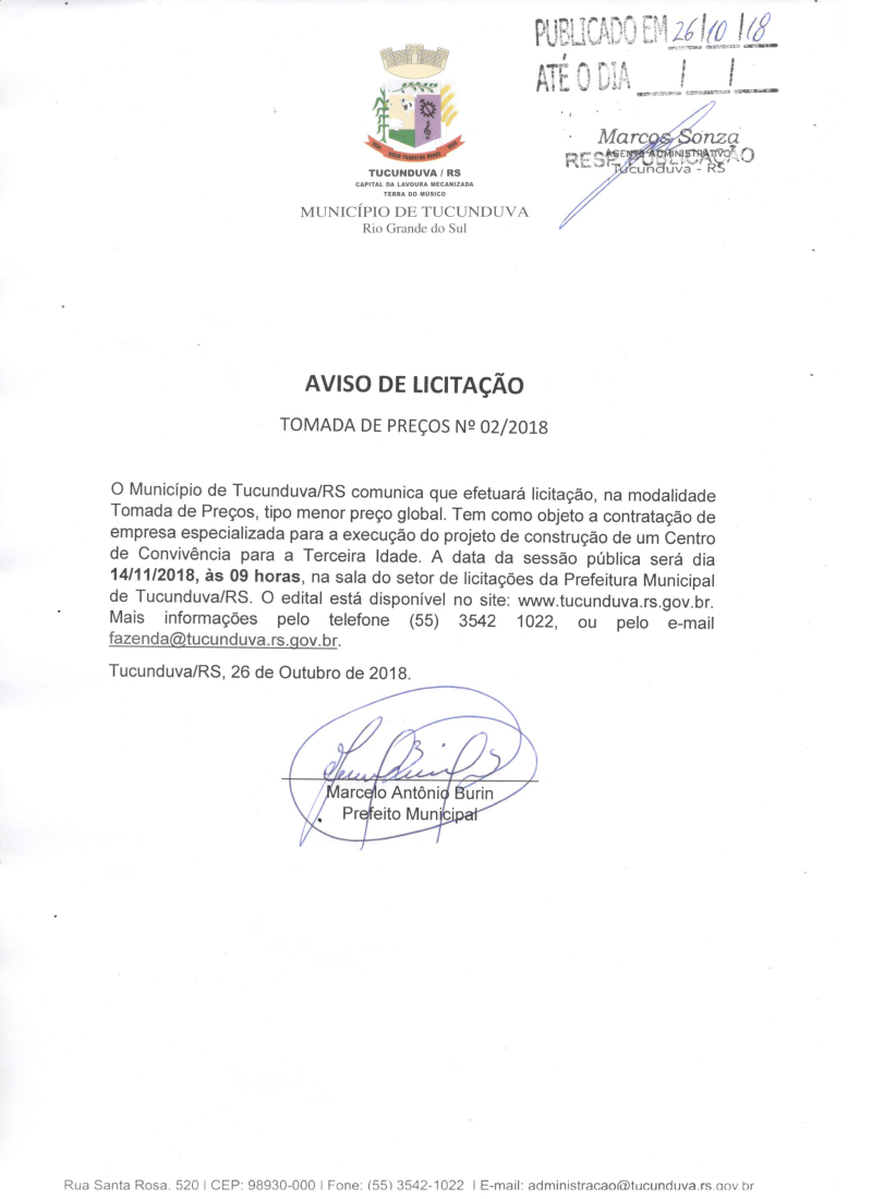 AVISO DE LICITAÇÃO - TOMADA DE PREÇOS Nº 02/2018 - CONSTRUÇÃO DE CENTRO DE CONVIVÊNCIA TERCEIRA IDADE